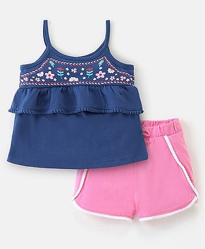 Babyhug 100% Cotton Knit Sleeveless Top & Short Floral Print - Navy Blue & Pink