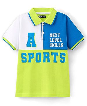 Pine Kids 100% Cotton Half Sleeves Biowashed Polo T-Shirt Text Print - Green & Blue