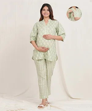 Sevyastore 100% Cotton Three Fourth Sleeves Aradhya Floral Motif Printed Maternity & Nursing Kurta & Pajama Set - Green