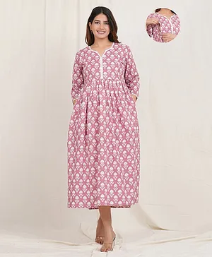 Sevyastore 100% Cotton Three Fourth Sleeves Keshavaya Floral Motif Printed Gathered Maternity & Nursing Dress - Pink