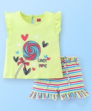 Babyhug 100% Cotton Frill Sleeves Top & Striped Shorts Set Candy Print - Lime Green