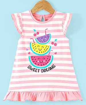 Babyhug Cotton Knit Short Sleeves Nighty Watermelon  Printed With Stripes - Pink & White