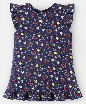 Babyhug Cotton Flutter Sleeves Nighty Heart Print - Navy Blue