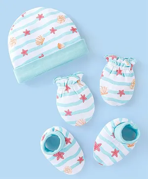 Babyhug 100% Cotton Cap Mittens And Booties Star & Shell Print -  Blue