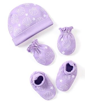 Babyhug 100% Cotton Knit Cap Mittens & Booties Set Sea Shell Print Purple - Diameter 10.5 cm