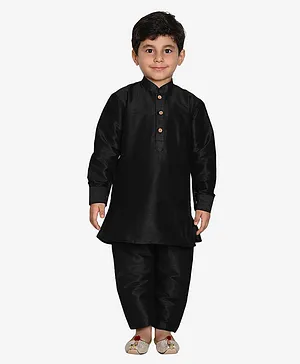 Pehanaava Full Sleeves Solid Silk Blend Kurta And Pajama Set - Black