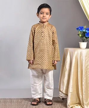 Pehanaava Full Sleeves Damask Style Motif Printed Silk Blended Kurta & Pajama Set -Brown
