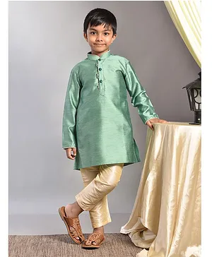 Pehanaava Full Sleeves Abstract Motif Self Design Silk Blended Kurta & Pajama Set - Green
