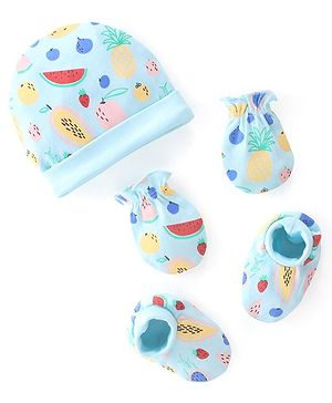 Babyhug 100% Cotton Cap Mittens & Booties Watermelon & Pineapple Print- Blue