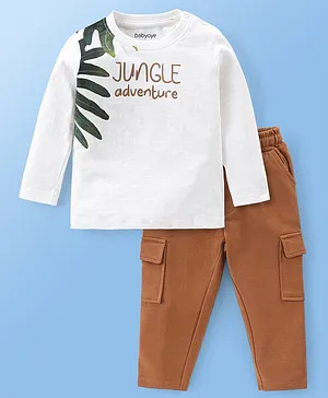 Babyoye Cotton Full Sleeves T-Shirt & Lounge Pant With Text Print - White & Brown