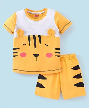 Babyhug Cotton Half Sleeves Night Suit Tiger Print- Yellow