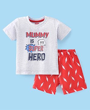 Babyhug Cotton Half Sleeves Night Suit Text Print- Ecru & Orange