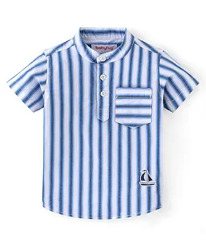 Babyhug 100% Cotton Half Sleeves Mandarin Collar Striped Kurta Shirt - Blue