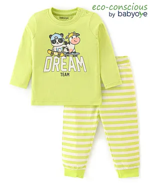Babyhug 100% Cotton Full Sleeves Night Suit Panda & Cow Print- Green