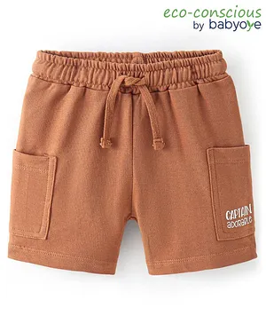 Babyoye Twill Lycra Knee Length Shorts with Draw Cord Text Print - Brown