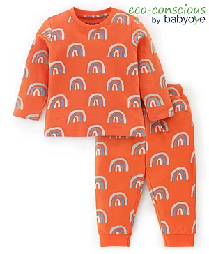 Babyoye 100% Cotton Knit Full Sleeves Night Suit Rainbow Print - Orange