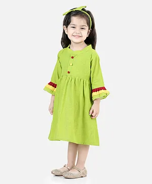 BownBee Full Sleeves Pintuck Solid Dress With Headband - Green