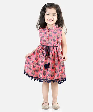 BownBee Pure Cotton Sleeveless Floral Printed Pom Pom Detailed Dress - Pink