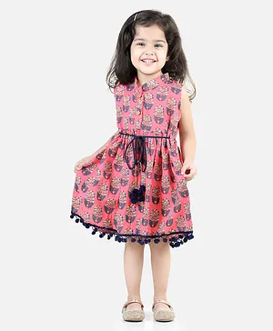 BownBee Pure Cotton Sleeveless Floral Printed Pom Pom Detailed Dress - Light Pink