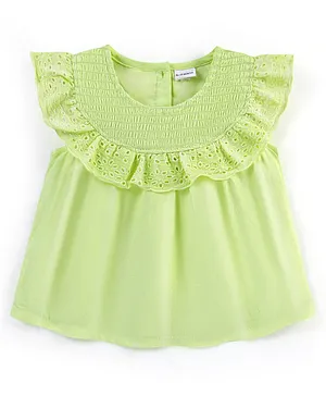 Babyhug 100% Rayon Woven Sleeveless Top with Smocking & Schiffli Lace Detailing - Lime Green