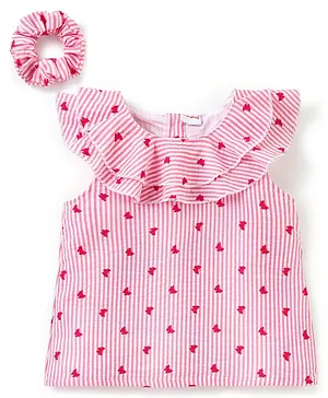 Babyhug Yarn-Dyed Woven Stripes Sleeveless Top with Butterfly Print and Frill Detailing and Scrunchie - Pink