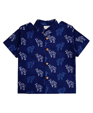 Snowflakes Half Sleeves All Over Camel Motif Printed Shirt - Blue