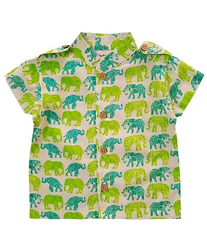 Snowflakes Half Sleeves Seamless Designed Elephant Motif Printed Shirt - White & Green