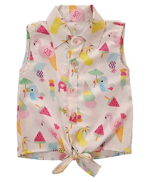Snowflakes Summer Theme Sleeveless All Over Ice Cream Cones & Candies Printed Front Knot Tie Up Shirt - Wihte