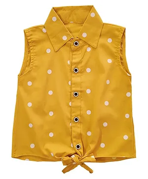 Snowflakes Sleeveless All Over Polka Dot Printed Front Knot Tie Up Shirt - Yellow