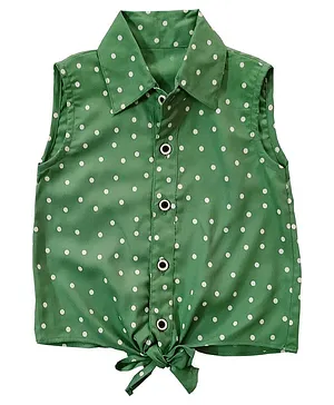Snowflakes Sleeveless All Over Polka Dot Printed Front Knot Tie Up Shirt - Green
