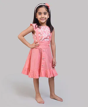Story Tailor Cap Frill Sleeves Foolish Lion & Clever Rabbit Story Printed Top With Dungaree Dress Set - Peach Pink