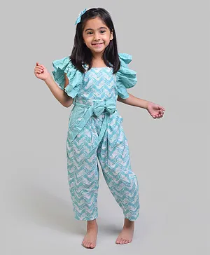 Story Tailor Talkative Turtle Story Theme Half Flutter Sleeves Seamless Turtle Printed Jumpsuit -Sea Green