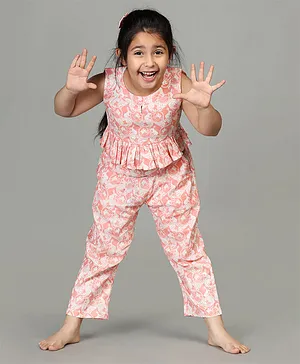 Story Tailor Sleeveless All Over Lion & Clever Rabbit Story Printed Peplum Style Crop Top & Pants - Peach Pink