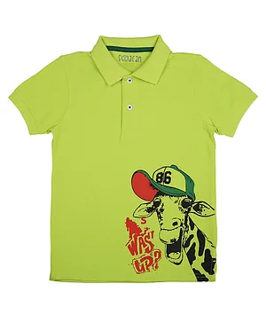 Sodacan Half Sleeves Whats Up Giraffe Printed Polo Tee - Green