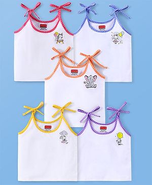 Babyhug 100% Cotton Tie Knot Sleeveless Jhablas Bunny & Elephant Print Pack of 5- White