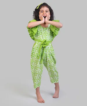 Story Tailor Monkey & Crocodile Story Theme Frill Half Sleeves Seamless Monkeys In Block Printed Jumpsuit - Green