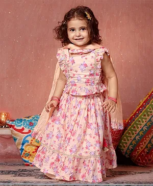 Babyoye Eco Conscious Cotton Woven Sleeveless Choli & Lehenga Set with Dupatta Floral Print - Pink