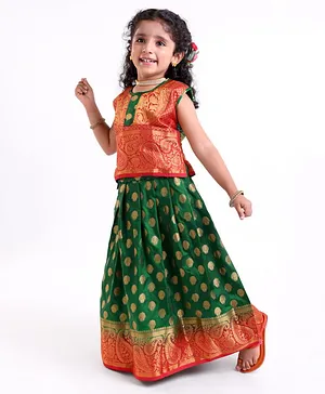 Bhartiya Paridhan Silk Sleeveless Lehenga & Choli Set with Zari Detailing - Green