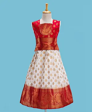 Bhartiya Paridhan Silk Sleeveless Gotta Patti Ethnic Dress Block Print- Cream & Red