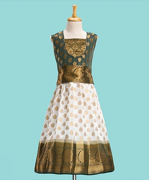 Bhartiya Paridhan Silk Sleeveless Gotta Patti Ethnic Dress Block Print- Cream & Green