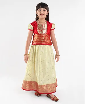 Bhartiya Paridhan Silk Half Sleeves Gota Patti Ethnic Dress Foil Print- Cream & Red