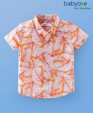 Babyoye 100% Cotton Woven Half Sleeves Leaves Print Shirt - Orange