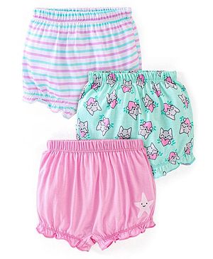 Babyhug 100% Cotton Knit Bloomers Stripes & Kitty Print Pack of 3 - Pink & Turquoise