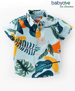 Babyoye 100% Cotton Woven Half Sleeve Shirt Leaf Print - Blue