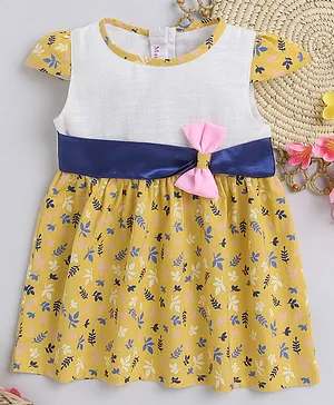Many frocks & Cap Sleeves All Over Leaf Printed Fit & Flare Bow Embellished Dress - Yellow