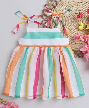 Many frocks & Sleeveless Roman Striped Strappy Shoulder Tie Up Fit & Flare Dress - Multic Colour