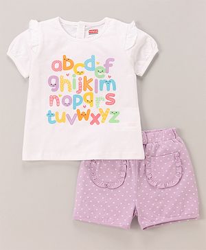 Babyhug 100% Cotton Knit Half Sleeves Top & Shorts Set Text Print - White & Lilac