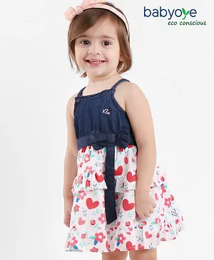 Babyoye Eco Conscious Poplin Singlet Sleeves Frock With Bow Detailing & Floral Print - Blue Pink & White