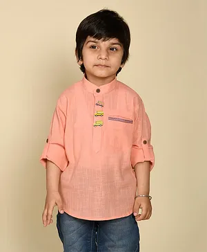 LIL PITAARA Boys Pure Cotton Full Sleeves Pocket Striped Embroidered With Bus Button Detail Shirt - Pink