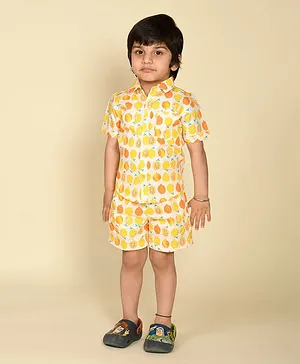 LIL PITAARA Half Sleeves Oranges Print Shirt With Shorts Co Ord Set - Yellow